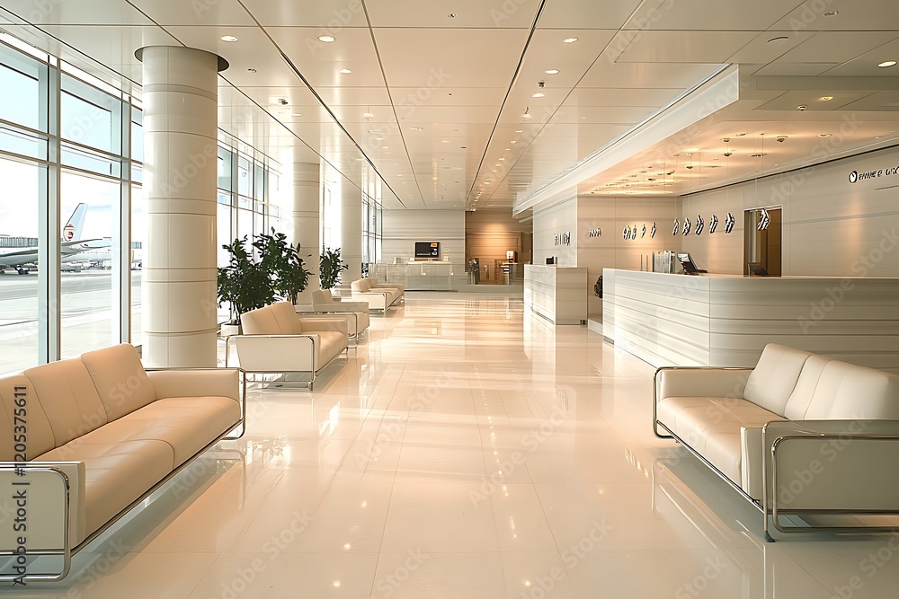 Modern airport lounge with beige sofas and shiny floor