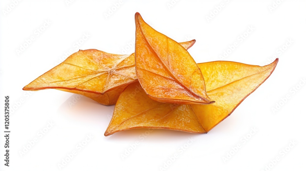 Fototapeta premium A collection of dried fruit pieces arranged on a white surface against a clean white background, showcasing their vibrant colors and textures.