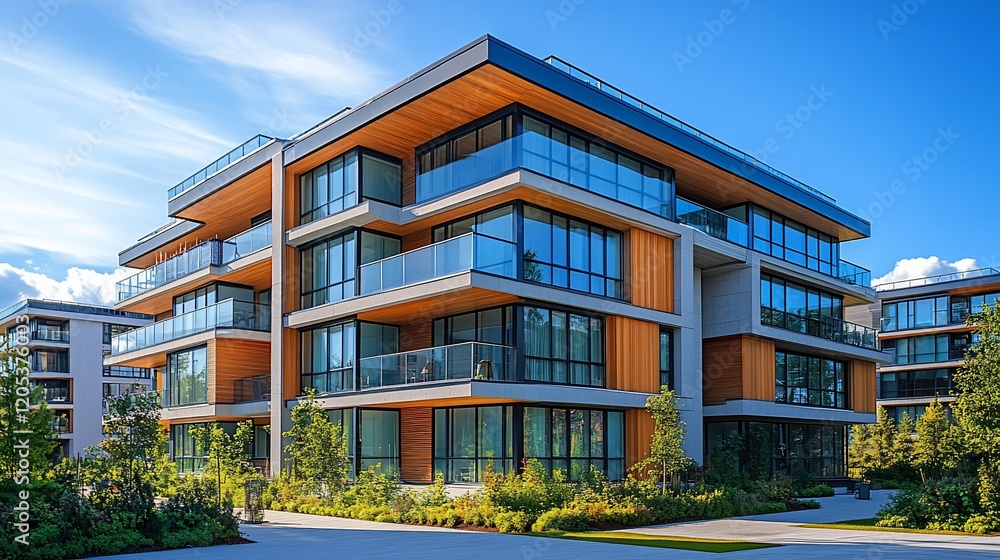 Modern apartment building, sunny day, landscaped grounds, residential complex, real estate Modern apartment building, sunny day, landscaped grounds, residential complex, real estate