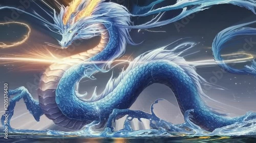 a majestic, serpentine water figure that commands attention with its grand and regal presence. its elongated body coils gracefully, with intricate patterns of flowing currents forming its scales. glow