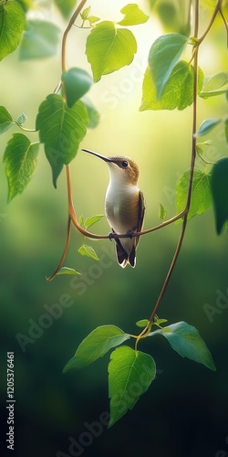 hummingbird perched daintily on a slender vine, the surrounding greenery rendered in stunning detail photo