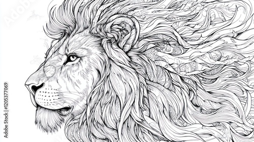 Detailed Lion Head Illustration with Flowing Mane and Intricate Patterns, artwork