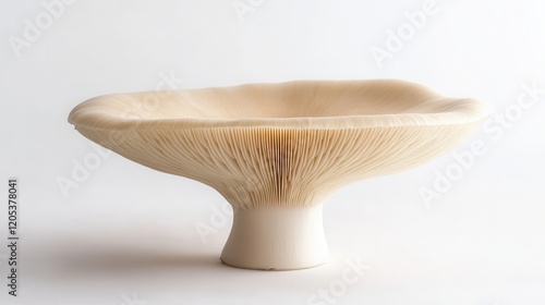 A single mushroom rests elegantly on a pristine white table, showcasing its unique shape and texture against the clean backdrop. photo