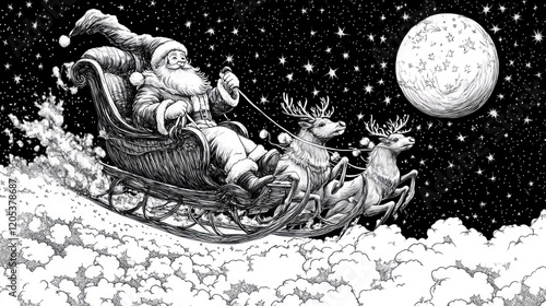 Santa Claus flying on his sleigh pulled by two reindeers over the clouds at night