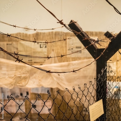 Fotografie Barbed Wire on Fence: Historical representation with barbed wire stretched over a fence, invoking feelings of restriction and the past