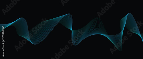 Vector abstract light lines wavy flowing dynamic in blue colors isolated on black background.