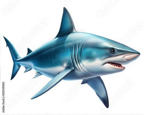 Great white shark illustration on white background, powerful marine predator with sharp teeth, realistic blue shark character for educational design