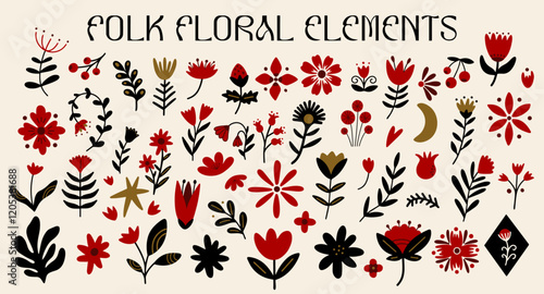 Abstract folk plant shapes and forms vector illustration set for design. Different types of flowers and leaves silhouette decorative elements kit. Large collection of botanical ethnic scandi stickers