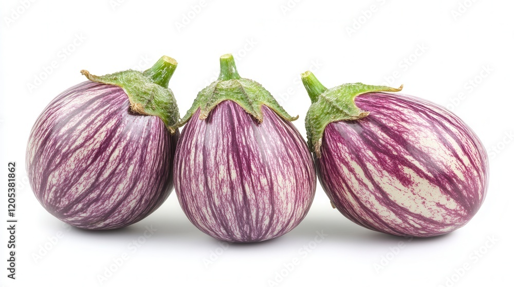 Obraz premium Three vibrant purple eggplants rest elegantly on a clean white surface, showcasing their glossy texture and rich color.