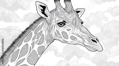 Detailed line drawing of a giraffe head with abstract clouds in the background showcasing intricate patterns photo