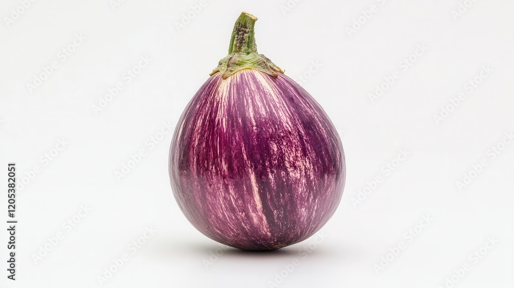 Fototapeta premium A vibrant purple eggplant rests on a clean white background, showcasing its glossy skin and fresh green stem, embodying natural beauty and freshness.