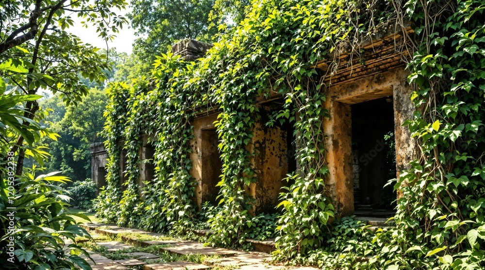 Liana. Lush green ivy covering ancient ruins in serene nature, decay and renewal Liana. Lush green ivy covering ancient ruins in serene nature, decay and renewal