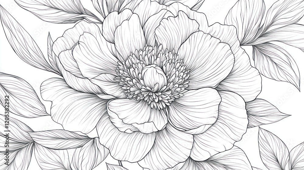 Detailed Line Art of Peony Flower and Leaves for Coloring or Design Purposes Detailed Line Art of Peony Flower and Leaves for Coloring or Design Purposes