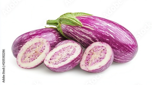 Wallpaper Mural Three vibrant purple eggplants are displayed, one of them sliced in half to reveal its interior texture and color. Torontodigital.ca