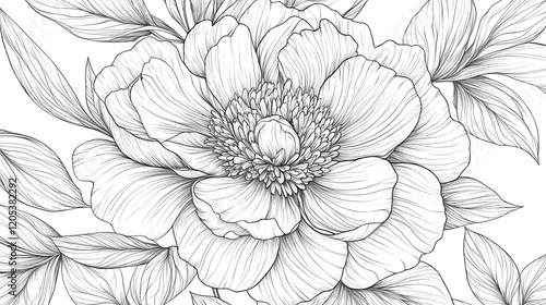Detailed Line Art of Peony Flower and Leaves for Coloring or Design Purposes