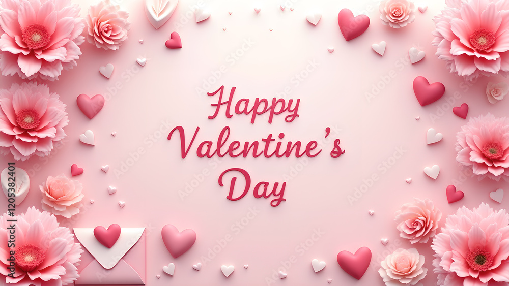 Happy Valentine's Day greeting card with pink flowers and hearts Happy Valentine's Day greeting card with pink flowers and hearts