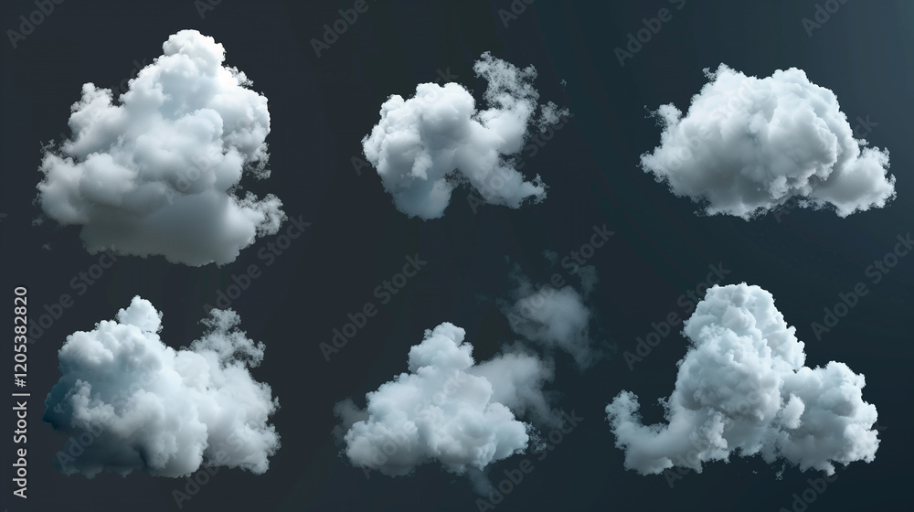 A series of clouds in various sizes and shapes. The clouds are all white and appear to be floating in the sky. Concept of calm and serenity, as the clouds seem to be suspended in mid-air A series of clouds in various sizes and shapes. The clouds are all white and appear to be floating in the sky. Concept of calm and serenity, as the clouds seem to be suspended in mid-air