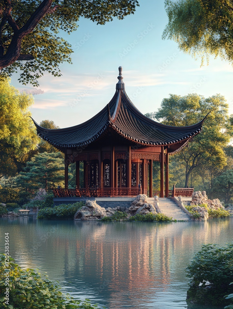traditional Chinese architecture in the form of a grand pavilion with a detailed wooden structure, set in a picturesque park with tranquil waters traditional Chinese architecture in the form of a grand pavilion with a detailed wooden structure, set in a picturesque park with tranquil waters