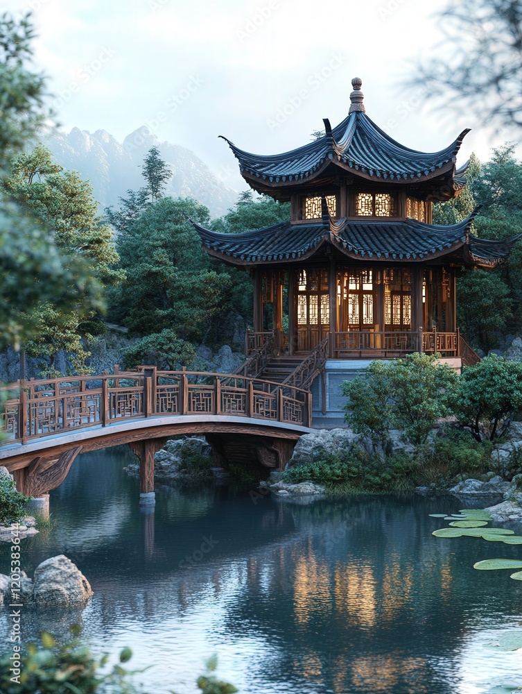 traditional Chinese architecture in the form of a grand pavilion with a detailed wooden structure, set in a picturesque park with tranquil waters traditional Chinese architecture in the form of a grand pavilion with a detailed wooden structure, set in a picturesque park with tranquil waters