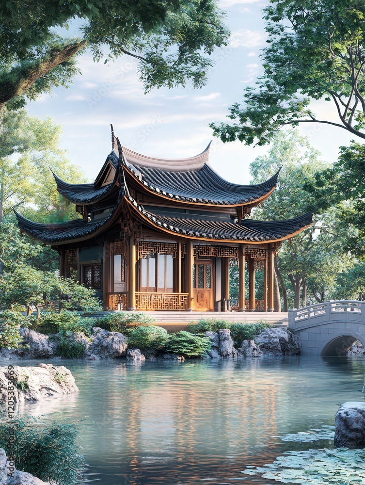 traditional Chinese architecture in the form of a grand pavilion with a detailed wooden structure, set in a picturesque park with tranquil waters traditional Chinese architecture in the form of a grand pavilion with a detailed wooden structure, set in a picturesque park with tranquil waters