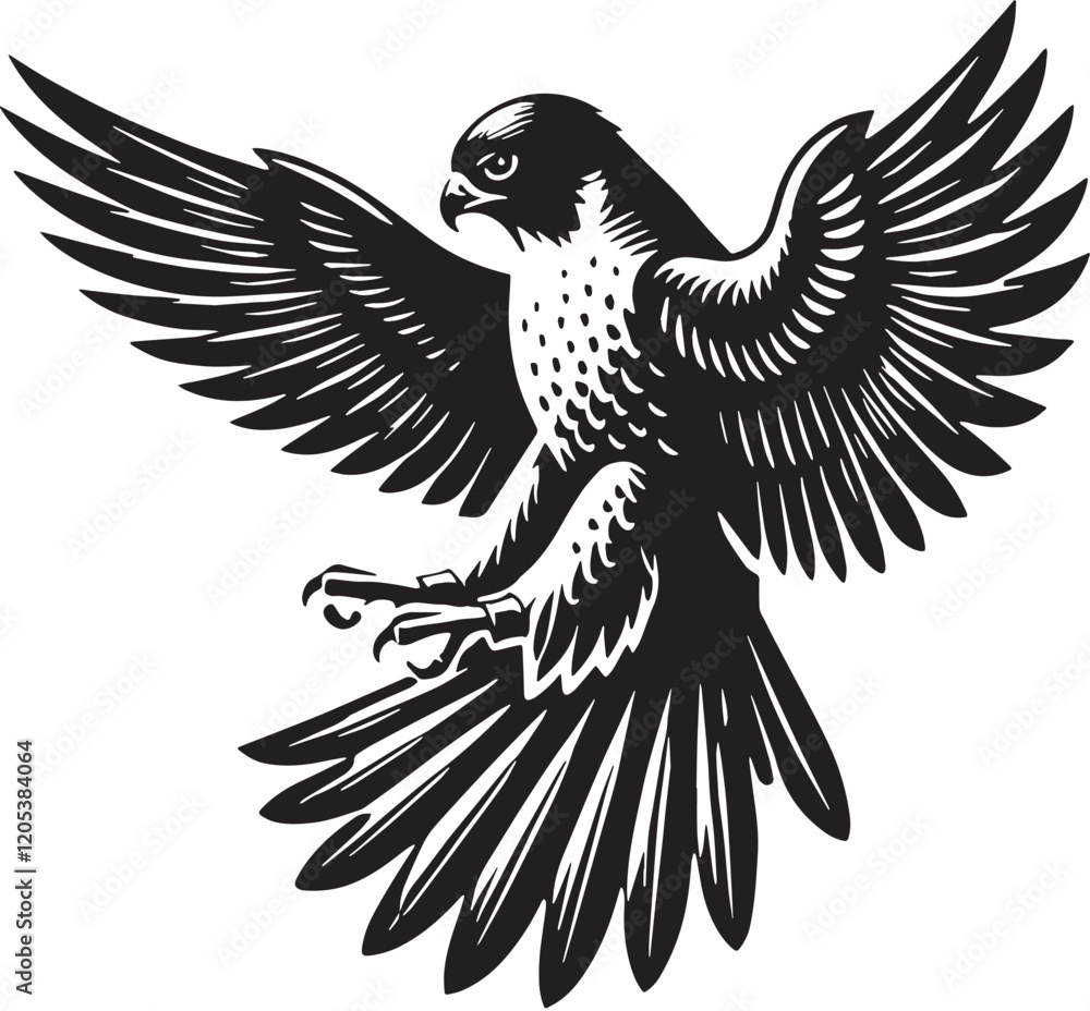 Fototapeta premium Black Color Peregrine Falcon Silhouette Vector Illustration, Solid White Background. minimal vector design
