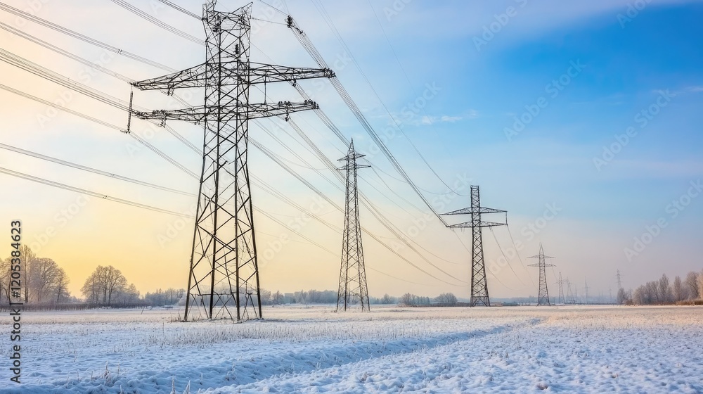 A sunny winter day in the Netherlands with high-voltage power lines spanning over agricultural fields and a vibrant blue sky in the background. A sunny winter day in the Netherlands with high-voltage power lines spanning over agricultural fields and a vibrant blue sky in the background.
