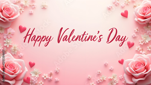 Happy Valentine's Day,  Pink Roses, Hearts, and Flowers Background