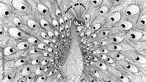 Detailed black and white line art of a peacock with its tail feathers fully displayed