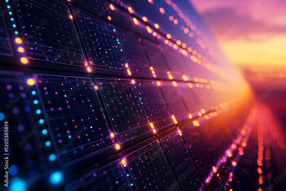 Fototapeta premium A vibrant digital landscape with glowing lights and pixels, depicting technology and innovation against a sunset backdrop.