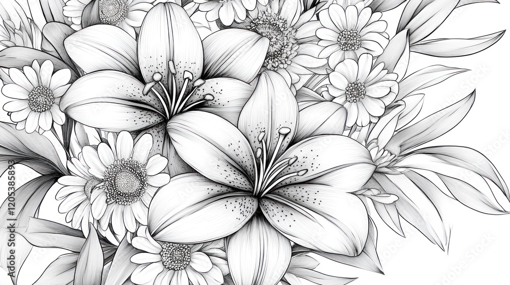 A printable design of a bouquet of lilies and daisies, beautifully arranged with delicate details, offering a peaceful and therapeutic coloring experience A printable design of a bouquet of lilies and daisies, beautifully arranged with delicate details, offering a peaceful and therapeutic coloring experience