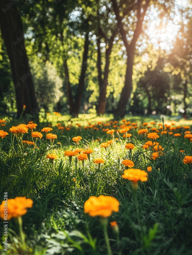 marigolds in full bloom, their yellow and orange petals creating a stunning contrast against the surrounding green grass and trees marigolds in full bloom, their yellow and orange petals creating a stunning contrast against the surrounding green grass and trees