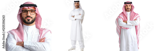 Portrait of Confident Arab Man in Traditional Attire and Stitched Headwear