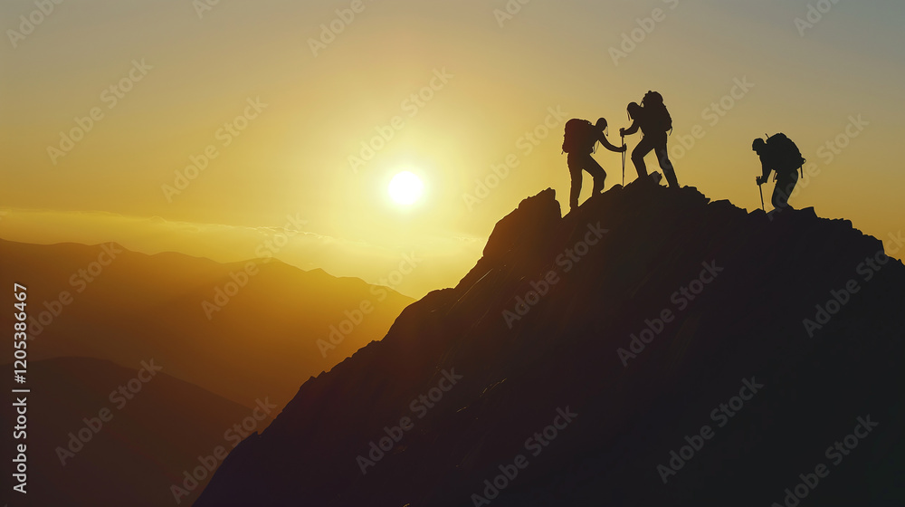 A group of people are climbing a mountain together. The sun is setting in the background, creating a warm and peaceful atmosphere. The group is working together to reach the top, showing teamwork A group of people are climbing a mountain together. The sun is setting in the background, creating a warm and peaceful atmosphere. The group is working together to reach the top, showing teamwork
