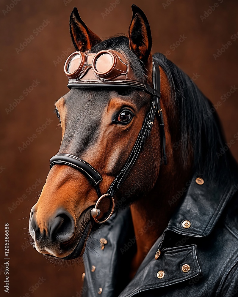 Fototapeta premium Stylish Brown Horse Wearing Leather Jacket and Aviator Goggles