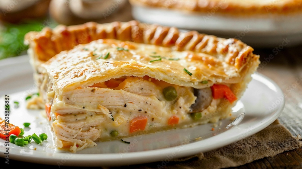 Slice of golden chicken pot pie with vegetables Slice of golden chicken pot pie with vegetables