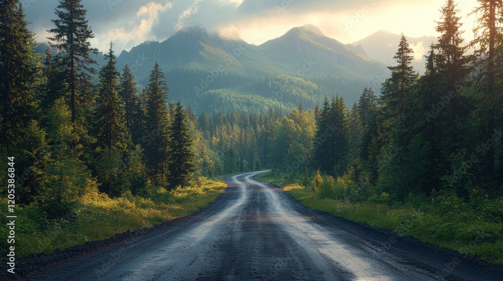 Naklejka premium Scenic mountain road through lush greenery