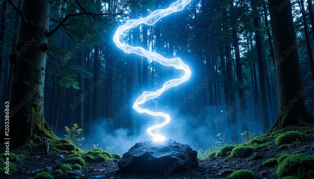 Obraz premium Electric blue lightning spiraling upward from a rock in a mystical forest setting 