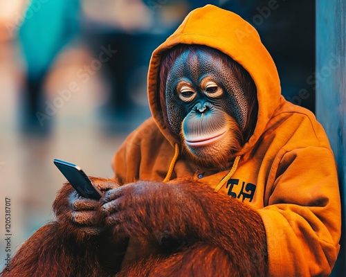 Orangutan in Orange Hoodie Using Smartphone Trendy Ape Modern Primate photo