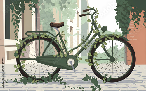 bicycle covered with green leaf tendril. The bicycle is parked in a lush green environment with trees. healthy green lifestyle concept bicycle indicating eco and environment concept.