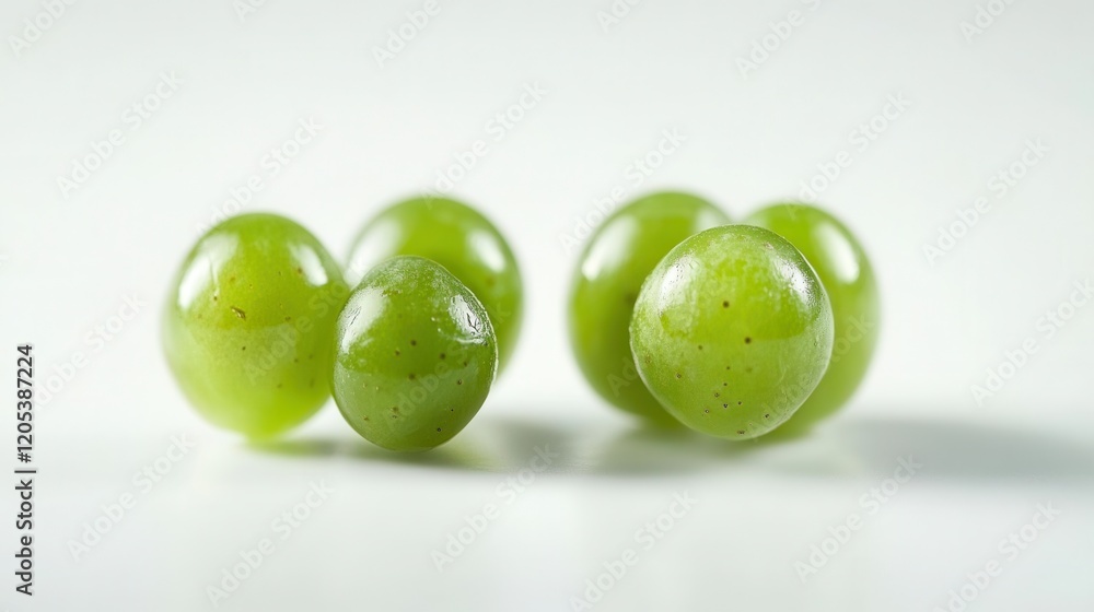 Four fresh green grapes are arranged neatly on a wooden table, showcasing their vibrant color and texture in a simple yet appealing setting. Four fresh green grapes are arranged neatly on a wooden table, showcasing their vibrant color and texture in a simple yet appealing setting.