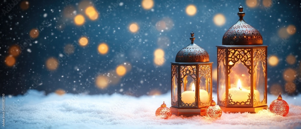 Festive Lanterns Glow Brightly In Winter Snow Festive Lanterns Glow Brightly In Winter Snow