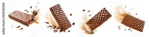 Chocolate wafer bar breaking and crumbling with dynamic pieces in motion isolated on transparent background
