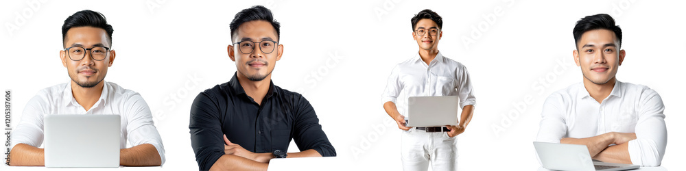 Professional Young Man Posing with Laptop and Smiling in Office Setting