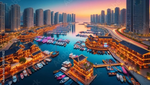 A vibrant harbor filled with colorful boats and yachts, calm waters reflecting the sunset, surrounded by modern city architecture photo