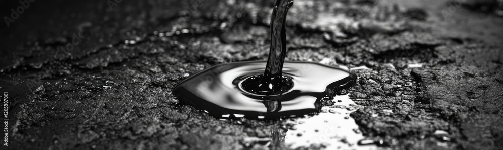 Dark oil collects on a textured surface, illustrating the impact of oil extraction activities. The focus is on the pooling liquid amidst rough, uneven terrain Dark oil collects on a textured surface, illustrating the impact of oil extraction activities. The focus is on the pooling liquid amidst rough, uneven terrain