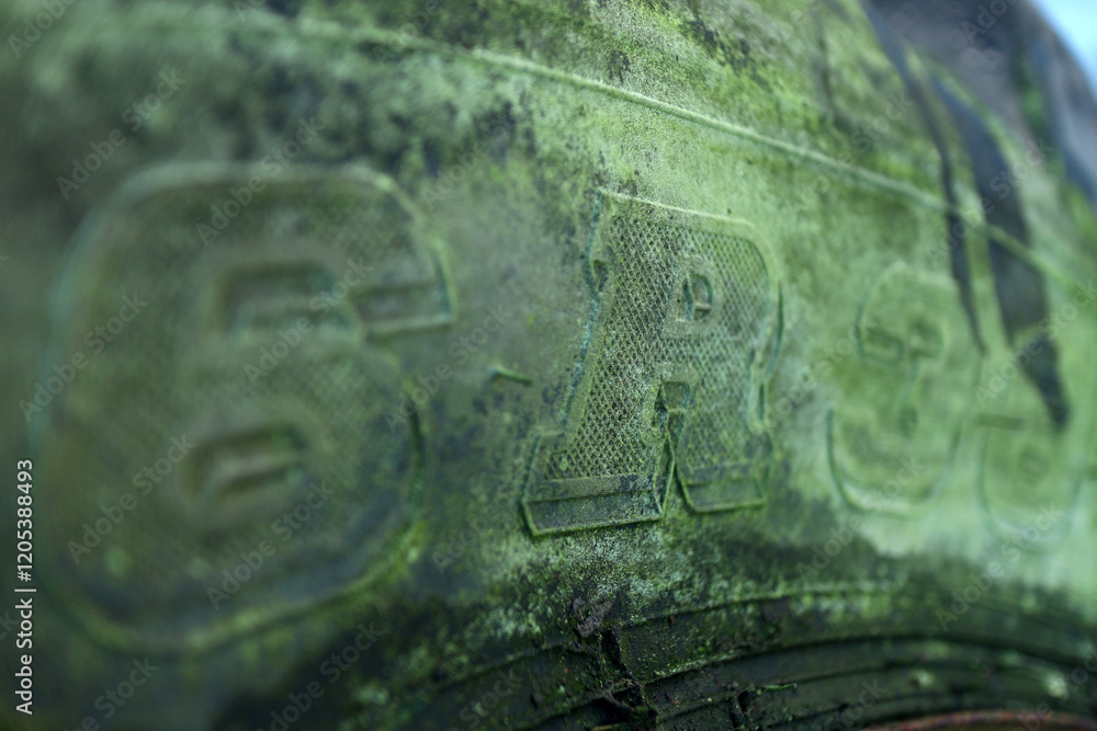 Detail of an old tractor tyre - covered with lichen and moss - weathered