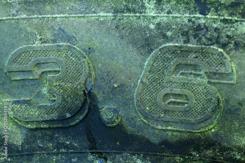 Detail of an old tractor tyre - covered with lichen and moss - weathered photo