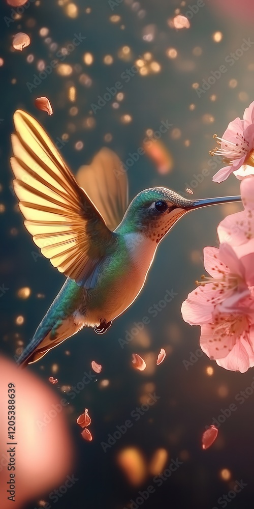 hummingbird with golden-green feathers, captured mid-flight as it approaches a pink flower hummingbird with golden-green feathers, captured mid-flight as it approaches a pink flower