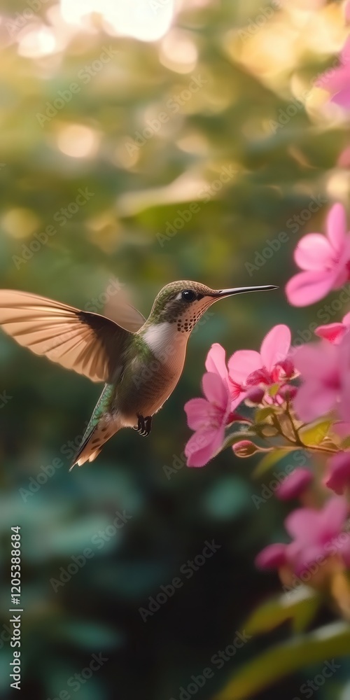 Naklejka premium hummingbird with golden-green feathers, captured mid-flight as it approaches a pink flower