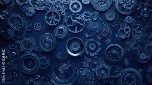 Intricate Dark Blue Gears Mechanical Interlocking System